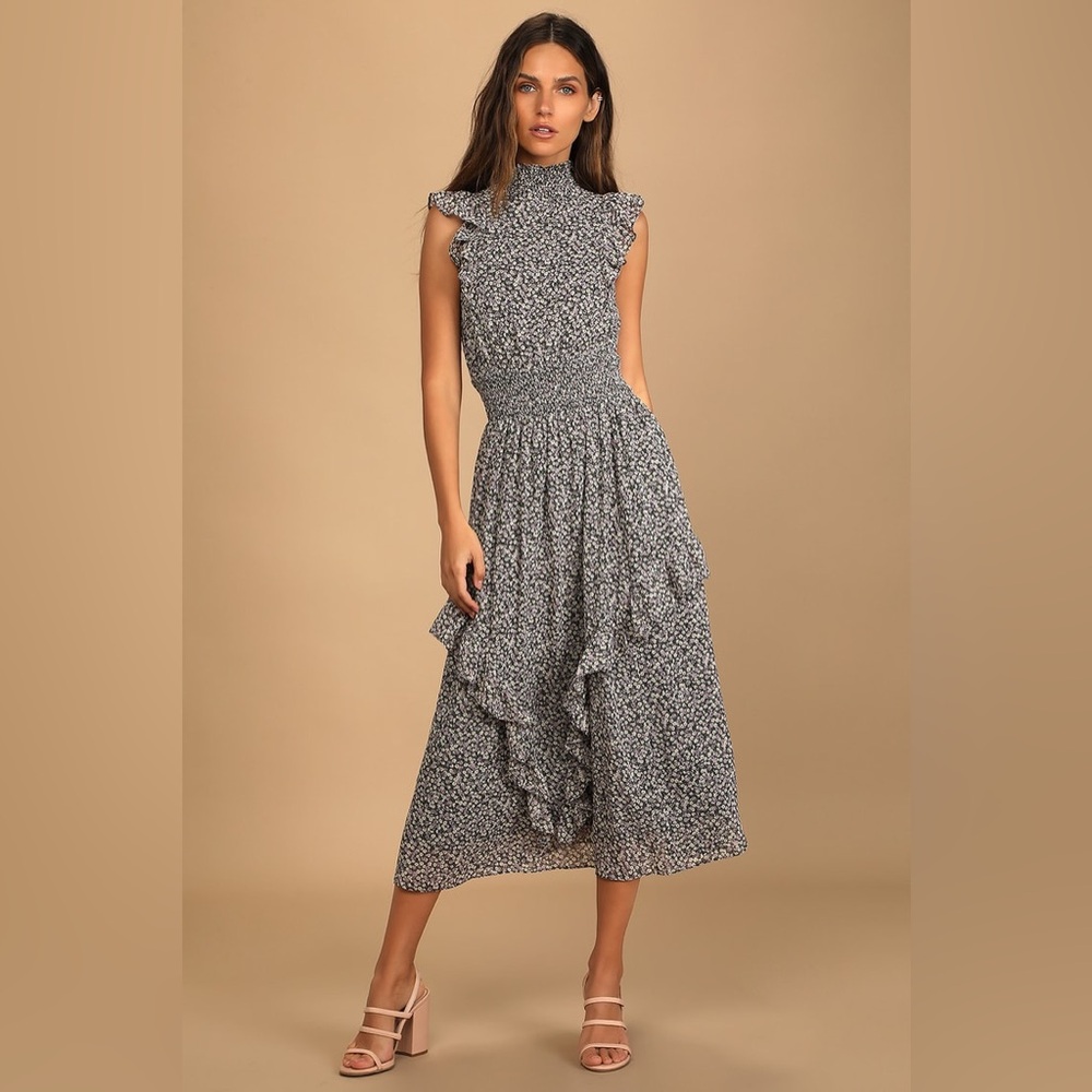 Lulus Evalina Black Floral Print Mock Neck Midi Dress
